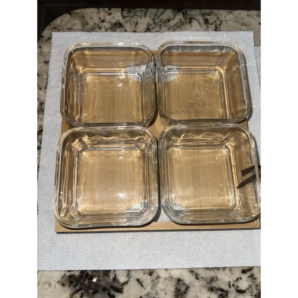 Bamboo Tray with Four Glass Dishes Square